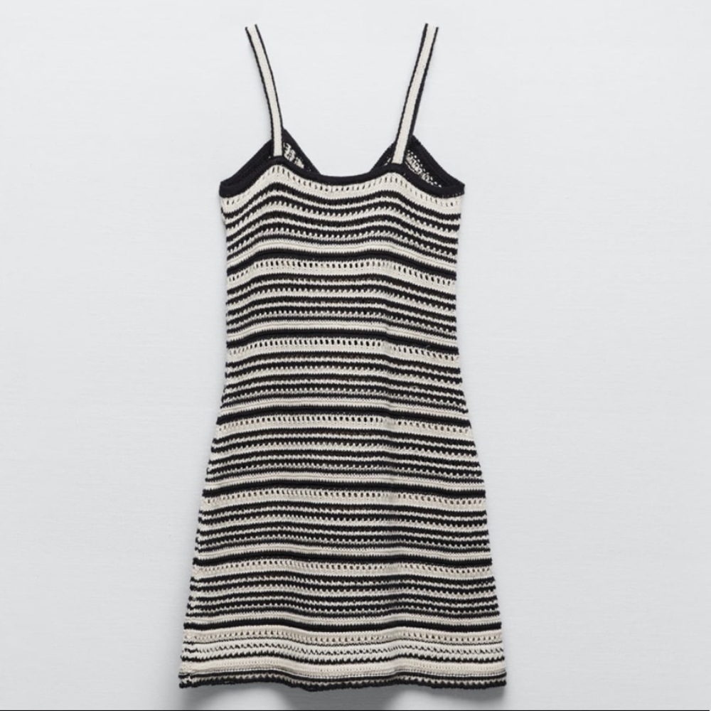 ZARA Striped Rustic Crochet Mini Dress Size Medium - Picture 10 of 11